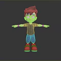 3D Child With Brown Hair Green Eyes Gray T-Shirt Blue Shorts Red Shoes Arms Outstretched