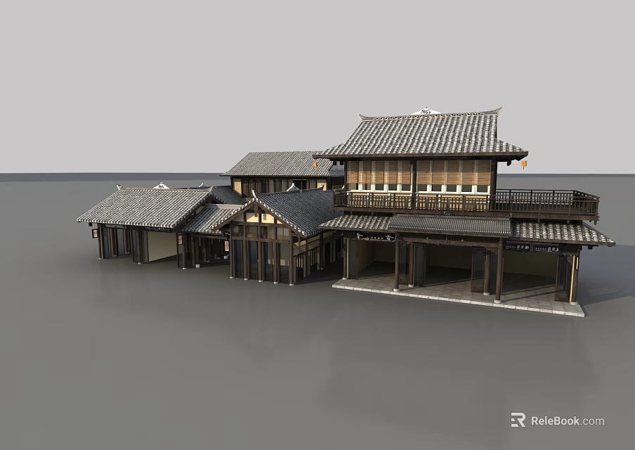 Traditional Ancient Building Complex With Connected Tiled Roofs And Wooden Structures 3d model 