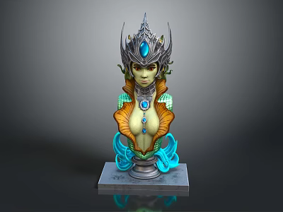 Mythical Female Creature Bust Featuring Green Skin Elaborate Headpiece Blue Gemstones And Wave Base 3d model