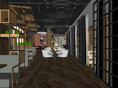 Modern Café Interior Design With Wooden Furniture Green Plants And Cozy Lighting 3d model