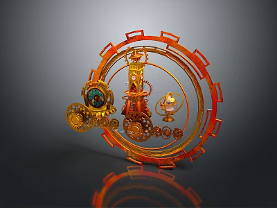 Ornate Orange And Gold Mechanical Artwork With Circular Frame Gears Tower And Lantern 3d model