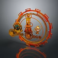 Ornate Orange And Gold Mechanical Artwork With Circular Frame Gears Tower And Lantern