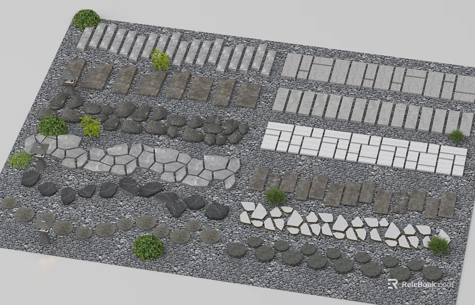 Different Types of Stone Pavers and Cobblestones in Various Patterns with Small Plants 3d model 