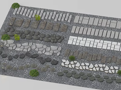 Different Types of Stone Pavers and Cobblestones in Various Patterns with Small Plants 3d model