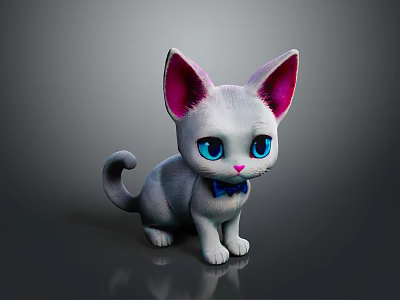 Cute White Fur Kitten Game Character With Pink Ears Blue Eyes And Blue Bow Tie 3d model