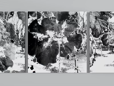Black and White Botanical Ink Paintings Featuring Lotus Leaves in Triptych Design With Expressive Brushstrokes 3d model