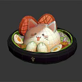 Cute Cat Shaped Food Plated On Purple Dish With Sliced Tomato Boiled Egg And Toppings