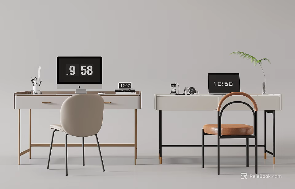 Sleek Modern Work Desks With Stylish Chairs And Digital Monitors Showing Time 3d model