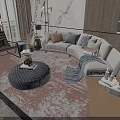 Modern Luxury Living Room Curved Sofa and Round Coffee Table Set with Pillows and Rug
