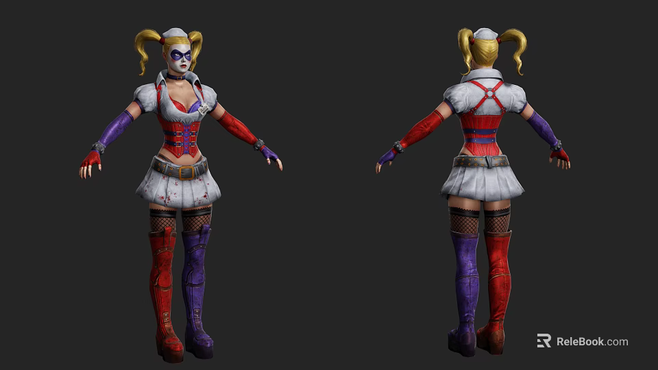 Game Movie Character Harley Quinn With Blonde Pigtails Clown Makeup And Colorful Outfit 3d model 