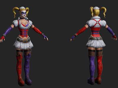 Game Movie Character Harley Quinn With Blonde Pigtails Clown Makeup And Colorful Outfit 3d model