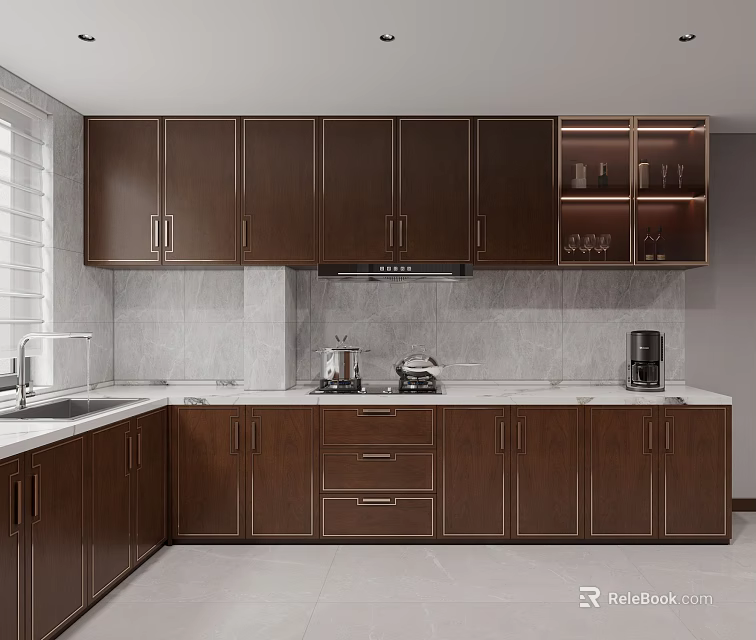 Modern Kitchen Interior With Dark Brown Cabinets White Countertop Gray Tiled Backsplash And Appliances 3d model 