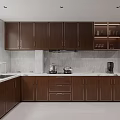 Modern Kitchen Interior With Dark Brown Cabinets White Countertop Gray Tiled Backsplash And Appliances