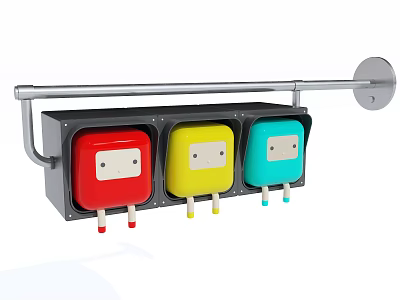 Three Red Yellow Blue Dolls In Wall Mounted Storage Box With White Faces And Legs 3d model