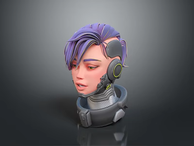 Game and Movie Character With Purple Hair Shaved Side Headphones And Mechanical Neck 3d model