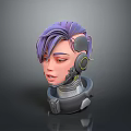 Game and Movie Character With Purple Hair Shaved Side Headphones And Mechanical Neck