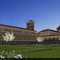 Traditional School Building With Red Roof Yellow Walls Tall Tower Green Lawn And Campus Trees
