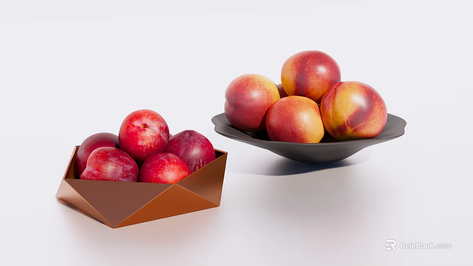 Ceramic Containers Brown Box And Black Plate Holding Plums And Nectarines 3d model 
