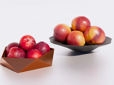 Ceramic Containers Brown Box And Black Plate Holding Plums And Nectarines 3d model