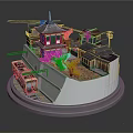 Cartoon Scene of Traditional Buildings with Cherry Blossom Tree Tram and Railway Track on Round Platform
