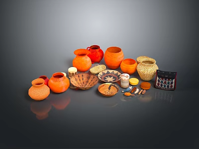 Handcrafted Sculpture Carving Pottery Art With Orange Red Vases Bowls And Decorative Plates 3d model