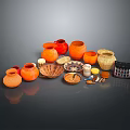 Handcrafted Sculpture Carving Pottery Art With Orange Red Vases Bowls And Decorative Plates