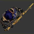 Man With Blue Hair Wearing Blue Outfit Holding Golden Rifle Against Grey Background