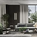 Gray Sofa And Coffee Table Set In Modern Living Room Large Windows Plants Pendant Lights