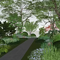 Lush Arbor Trees In Scenic Garden With Pathway And Greenery Plants
