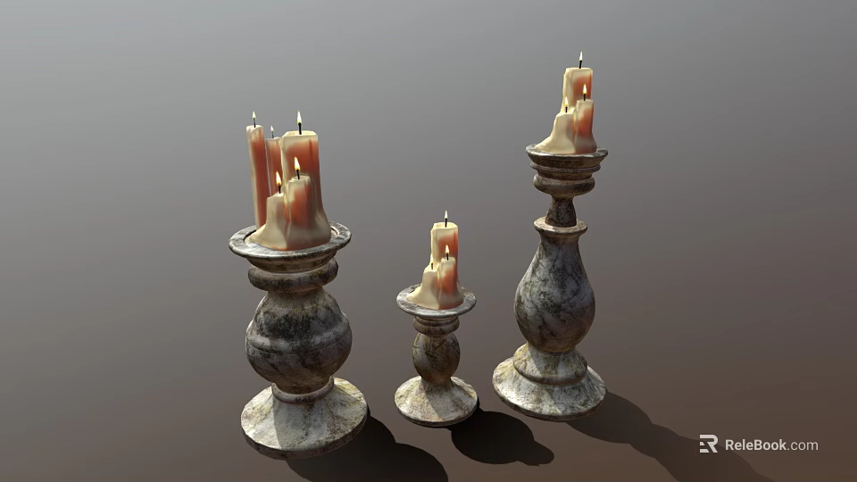 Vintage Distressed Stone Candle Holders With Lit Candles In Various Sizes Design 3d model 
