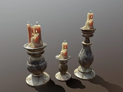 Vintage Distressed Stone Candle Holders With Lit Candles In Various Sizes Design 3d model