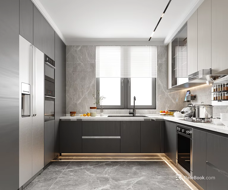Modern Kitchen Interior With Gray Cabinets Marble Backsplash And Stainless Steel Appliances And Natural Light 3d model 