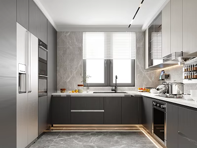 Modern Kitchen Interior With Gray Cabinets Marble Backsplash And Stainless Steel Appliances And Natural Light 3d model