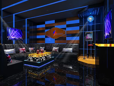 Modern KTV Room With Black Leather Sofas Union Jack Pillows Disco Ball And TV 3d model