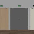 Security Doors Light Wood Dark Gray White with Green Exit Signs Side by Side