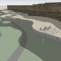 Curved Landscape Bridge With Stone Pavement And Gray Deck Above Building Structure