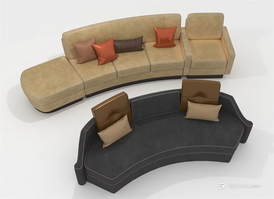 Curved Sectional Sofa in Light Brown and Dark Gray with Decorative Cushions 3d model 