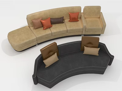 Curved Sectional Sofa in Light Brown and Dark Gray with Decorative Cushions 3d model