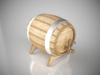 Traditional Wooden Barrel With Silver Metal Bands And Stand Featuring Tap 3d model