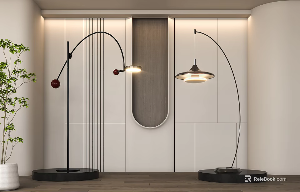 Modern Arched Floor Lamps With Red Ball Accents And Round Shade In White Wall Interior 3d model 