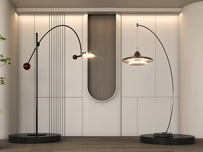 Modern Arched Floor Lamps With Red Ball Accents And Round Shade In White Wall Interior 3d model