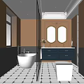 Bathroom Interior With Double Mirrors Navy Blue Vanity White Bathtub And Black White Floor Tiles