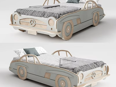Kids Car Shaped Light Gray Wooden Bed With Striped Blanket And Pillow 3d model