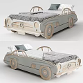 Kids Car Shaped Light Gray Wooden Bed With Striped Blanket And Pillow