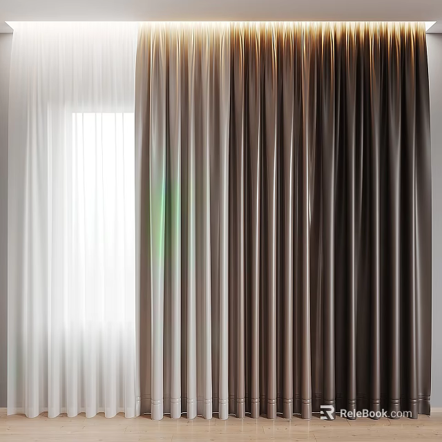 Elegant Home Window Curtains With White Sheer And Brown Thick Panels For Light Control 3d model 