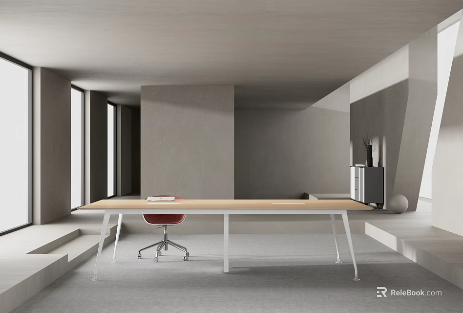 Modern Minimalist Conference Table With Wooden Top Metal Legs Red Chair In Gray Space 3d model 