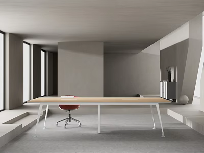 Modern Minimalist Conference Table With Wooden Top Metal Legs Red Chair In Gray Space 3d model