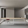 Modern Minimalist Conference Table With Wooden Top Metal Legs Red Chair In Gray Space