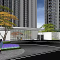 Modern High Rise Residential Landscape With Entrance Area Glass Screen Circular Fountain And Greenery
