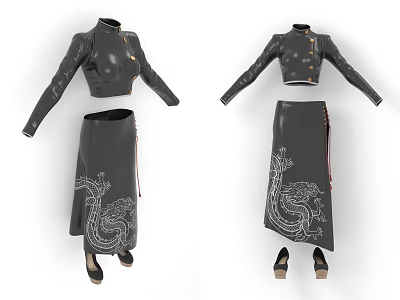 Traditional Chinese Black Clothing Set With Dragon Embroidery Stand Collar And Gold Buttons 3d model